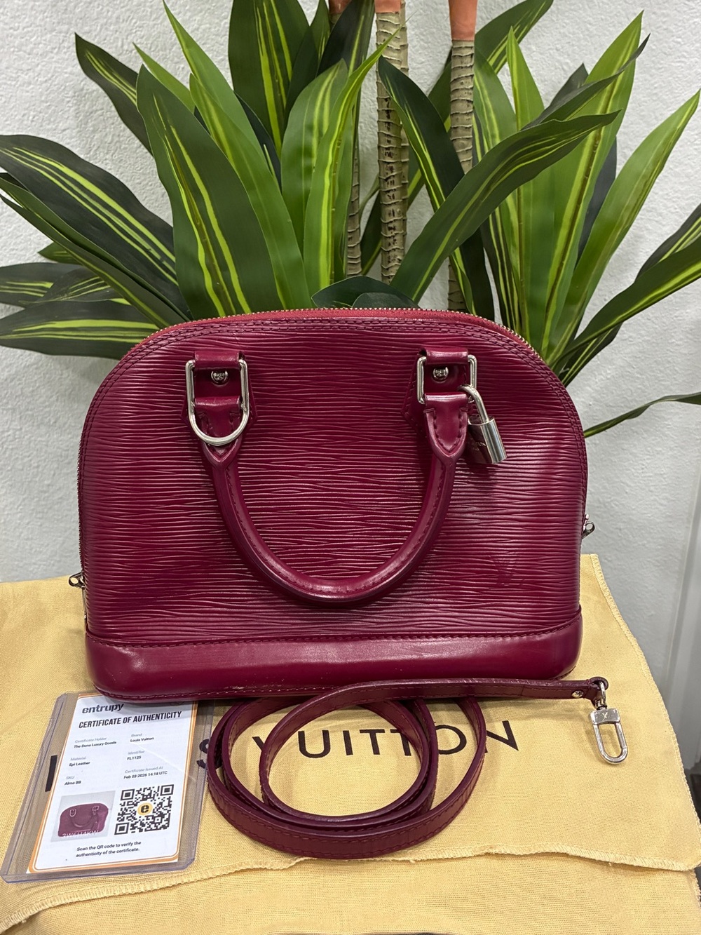 Louis Vuitton Alma BB Epi Leather Fuchsia Crossbody Bag w/ Strap & Entrupy COA